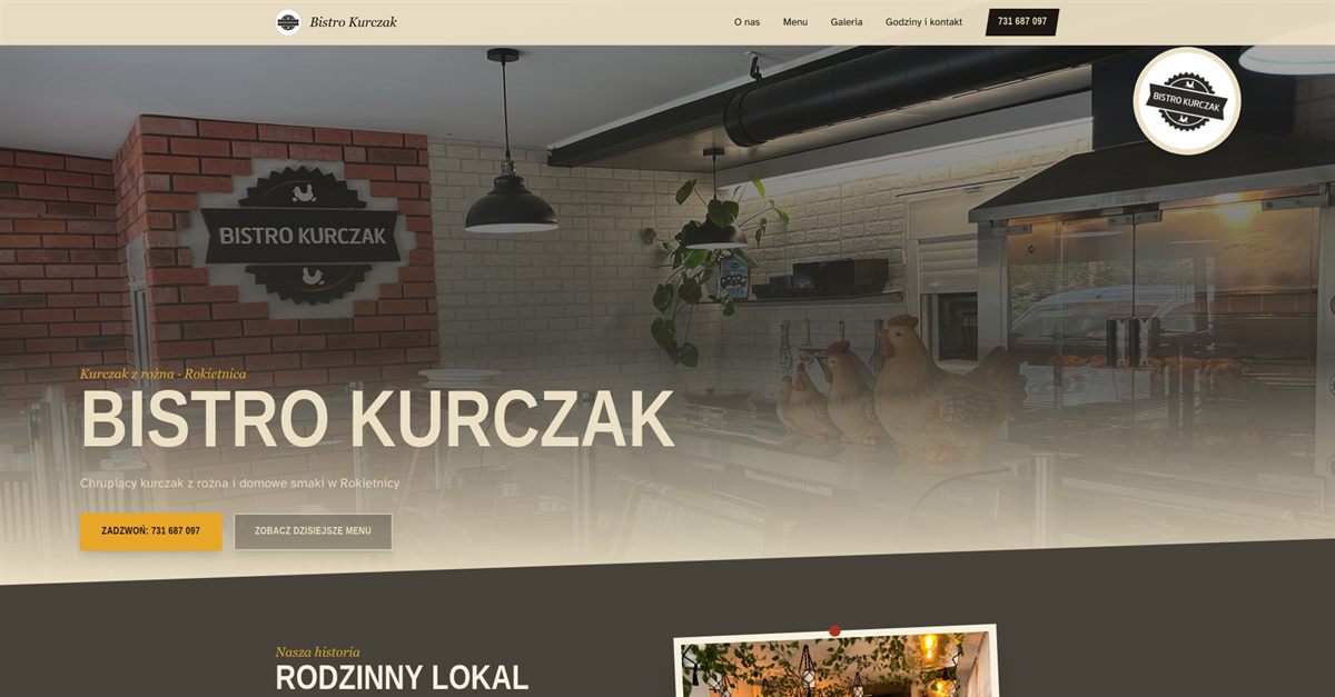 Strona internetowa Bistro Kurczak w Rokietnicy — hero z lokalem i przyciskiem dzisiejszego menu
