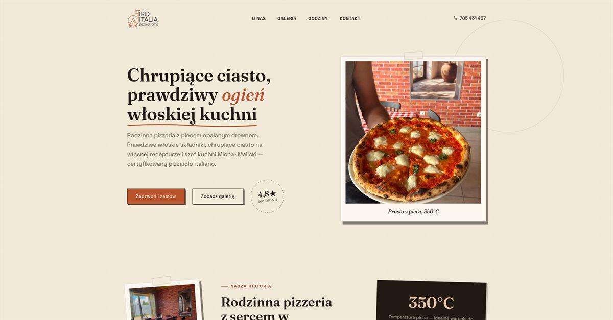 Strona internetowa pizzerii Giro Italia — pizza z pieca, ocena 4.8 i przycisk zamówienia