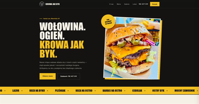 Strona internetowa restauracji Krowa jak byk — hero z burgerem i żółtymi akcentami
