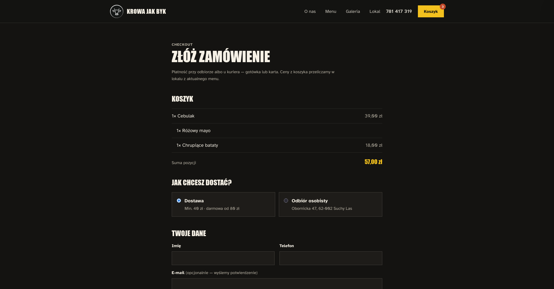 Checkout na stronie Krowa jak byk — koszyk z burgerem oraz wybór dostawy albo odbioru osobistego