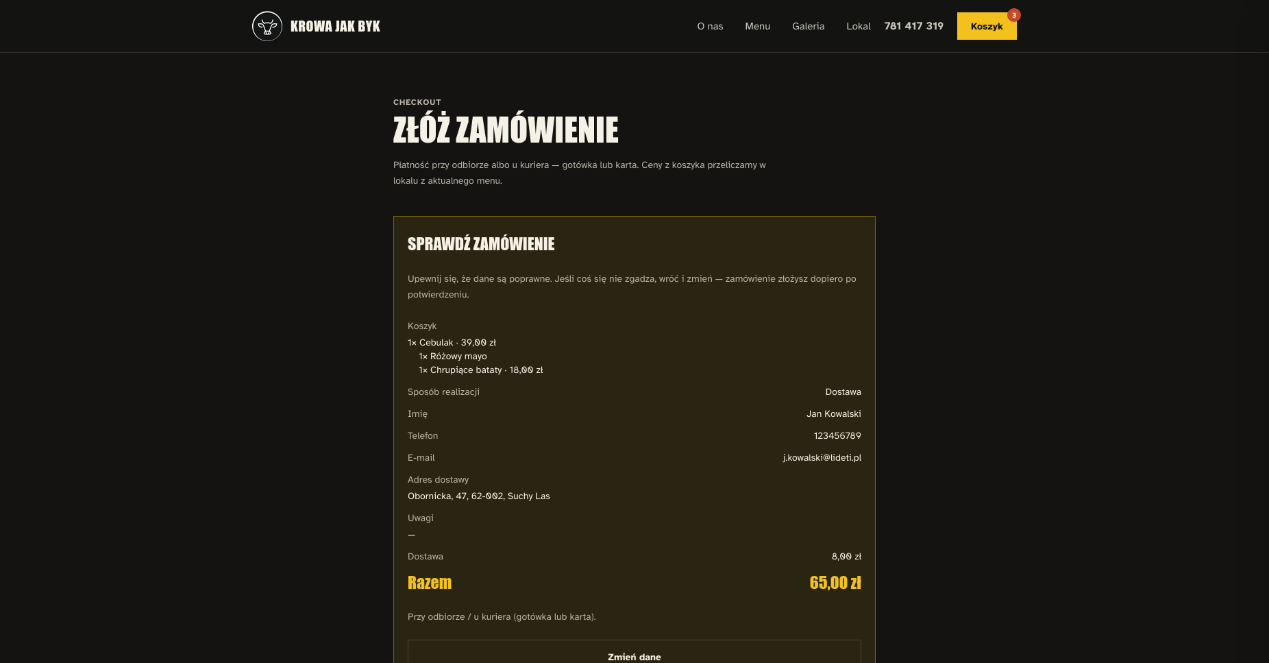 Podsumowanie zamówienia z doliczonym kosztem dostawy przed wysłaniem