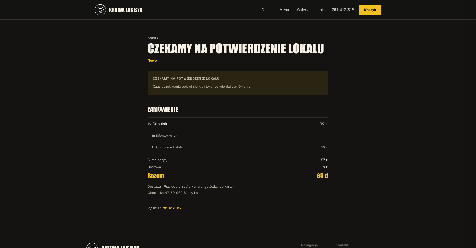 Ekran statusu zamówienia — oczekiwanie na potwierdzenie przez lokal