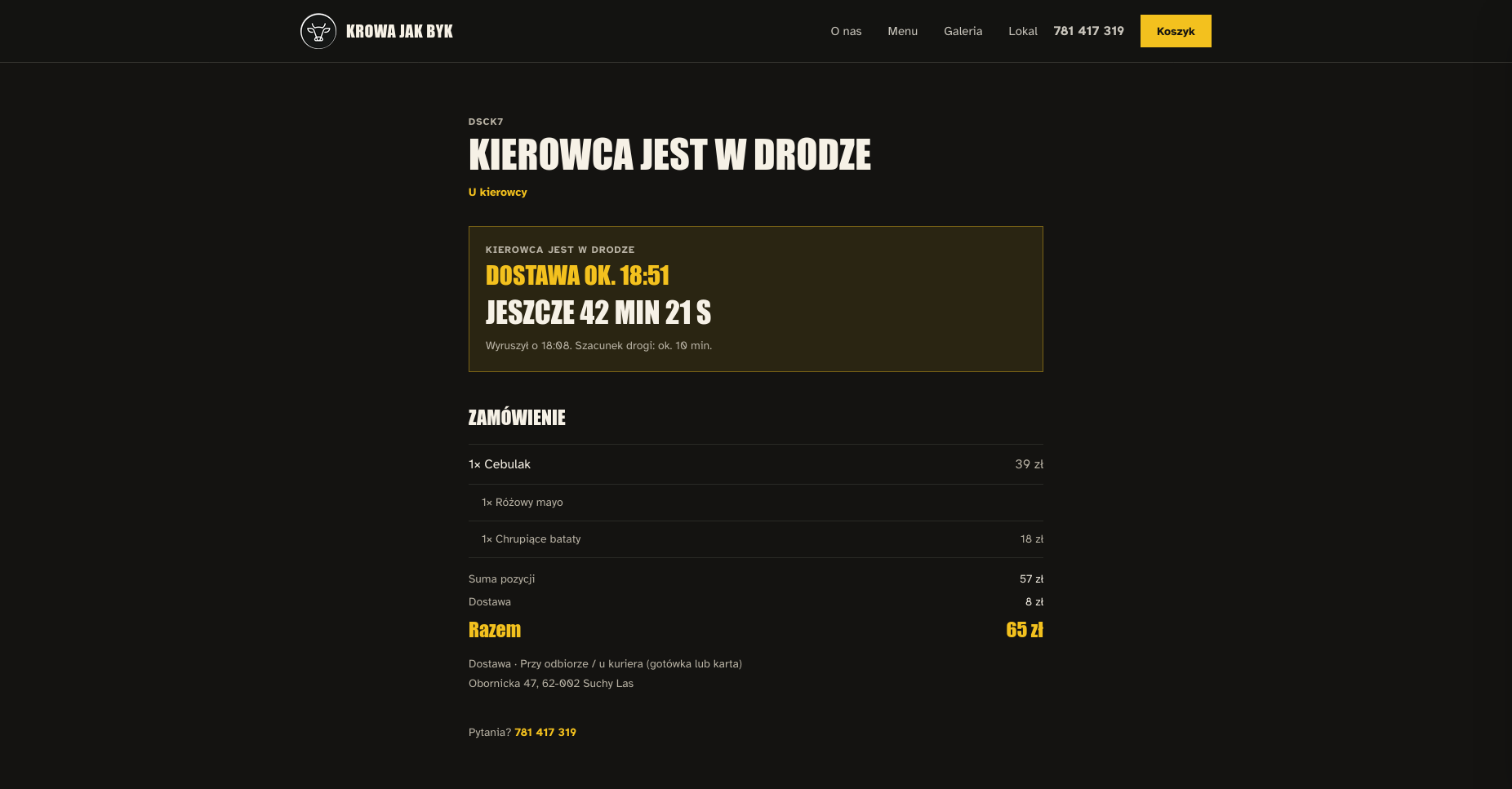 Ekran statusu, gdy kierowca jest w drodze do gościa