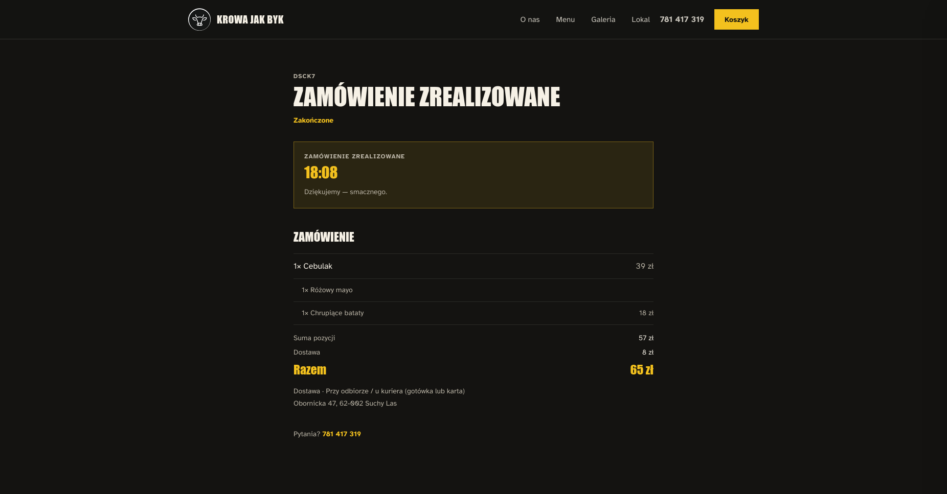 Ekran statusu po zrealizowaniu zamówienia
