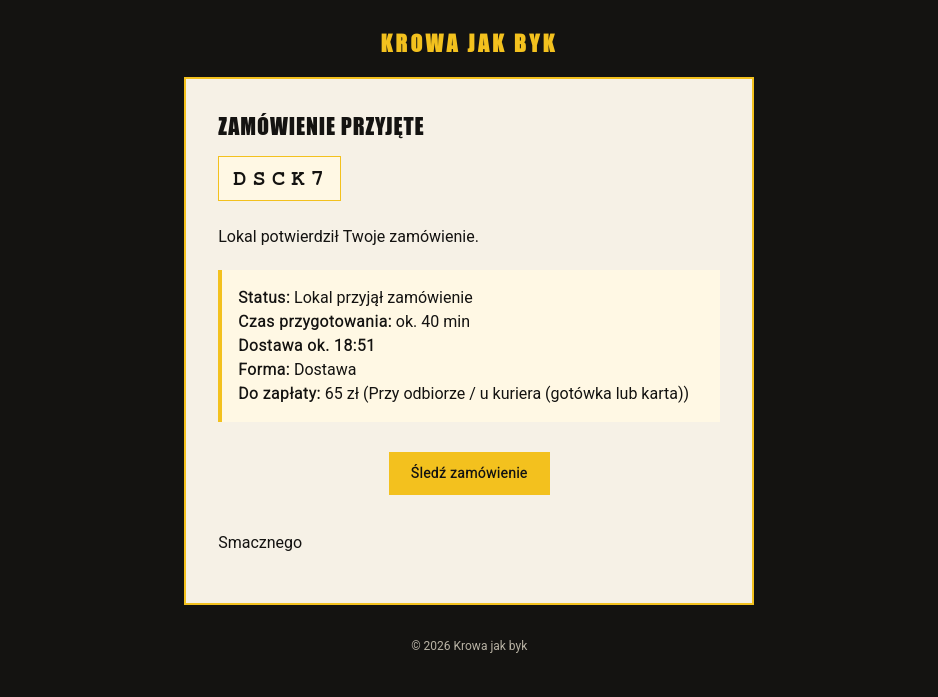 Mail do gościa z potwierdzeniem przyjęcia zamówienia i przyciskiem śledzenia